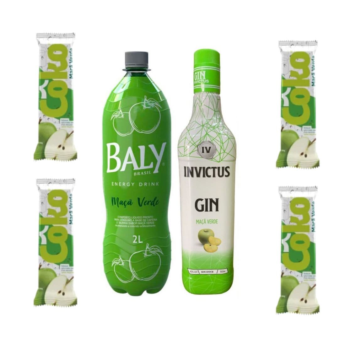 GIN INVICTUS MAÇA VERDE + ENERGY DRINK BALY + GELO SABORIZADO MAÇA VERDE