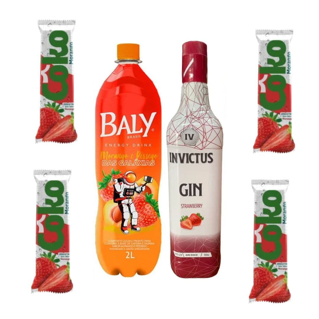 GIN INVICTUS MORANGO + ENERGY DRINK BALY + GELO SABORIZADO MORANGO